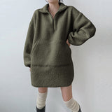 Autumn and winter lamb wool long-sleeved dress thickened teddy fleece zipper pullover long loose and thin sweater women's clothing