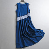 Contrasting color striped splicing fungus lace round neck loose meat cover vest skirt temperament versatile women's dress dress Z593