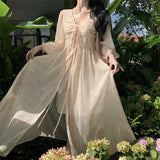 2025 Temperament Gentle Wind Bubble Sleeve V-Neck Printed Yellow Dress Summer High Waist Skinny Holiday Style Long Skirt