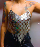 2025  4267 2025 New hot-selling acrylic sequined disc splicing metal chain fringed neck halter top vest