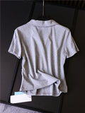 Solid color pinch pleated waist thin POLO collar top  summer new commuter versatile short-sleeved T-shirt women Z326