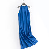X842 solid color slim slim round neck white flowing long dress autumn new 2023 commuter women's skirt dress
