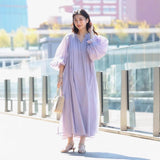 Holiday style dress niche design  retro V-neck lantern sleeves loose lazy long skirt C0132