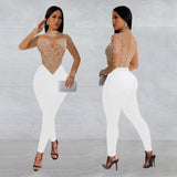 2025 C7137    Popular and  Fashion Women's Clothing Slim Mesh Hot Diamond Long Sleeve Long Pants Jumpsuit