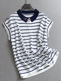 Cherry embroidery contrasting stripes ice thin thin summer age reduction POLO collar women's short-sleeved knitted sweater C072