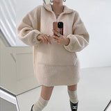 Autumn and winter lamb wool long-sleeved dress thickened teddy fleece zipper pullover long loose and thin sweater women's clothing
