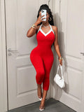 New summer popular new fashion personalized color matching sexy slim-fitting lace-up neck jumpsuit