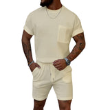 KKBOXLY 2025 popular  summer  trends Waffle crew neck men's suit summer two-piece set high-end trend