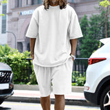 KKBOXLY 2025 popular  knitted rough edge casual men's suit loose short-sleeved men's T spring and summer shorts solid color men's clothing