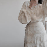 Suit Women's Spring, Cut Flower Lantern Sleeve Shirt B0217 Two-piece Set, Embroidered One-piece Strap Skirt