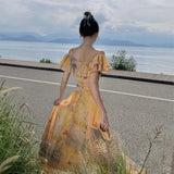 2025 Super fairy lotus leaf edge off-the-shoulder suspender dress, waist and thin, smudged printed fairy temperament holiday style dress