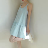 Summer new tencel hemp solid color dress clear and sweet sleeveless U-neck skirt minimalist short A-shaped skirt