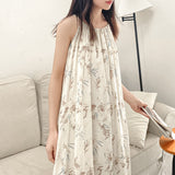 Designer original design linen suspender skirt, heavy industry niche cotton and linen A-shaped long skirt printed lace-up dress