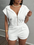 summer new  New hot sale fashion personalized solid color short zipper hooded short sleeve shorts set