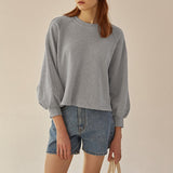 Spring and Autumn New Sweater  Women's Loose Short Lantern Sleeve Splicing Cotton  Casual Pullover