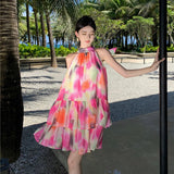 2025 Oil painting floral short neck sling seaside vacation dress women's summer sexy sleeveless off-the-shoulder a-word short skirt