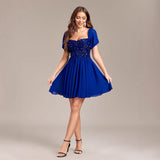 2025new women's one-word shoulder tube top type halter chiffon splicing sequined short dress ball dress