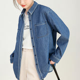 Hong Kong style denim suit shirt spring and summer new work commuting daily fashion retro blue stacked shirt