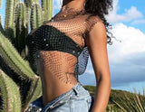 2025  180368 2025 hot-selling 2023 New rhinestones, bright diamonds, net drills, hollowed out short fishing nets, net tops, small vests