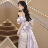 2025 One-word shoulder evening dress  new light luxury socialites annual meeting waist fishtail skirt host high-end dress skirt