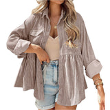 Corduroy Lapel Pocket Jacket, Casual Long Sleeve Button Down Fashion Single Breasted Loose Fall Winter Outerwear, Women's Clothing