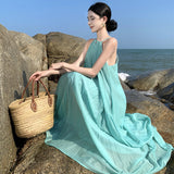 2025 Seaside vacation dress  small fresh simple sweet neck photo pleated pendulum beach suspender dress