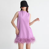 2025 Niche design sense solid color A-shaped skirt  spring round neck sleeveless hem ostrich hair decorative loose dress