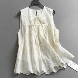apricot heavy industry embroidered lace shirt is thin and covers the meat  summer new bow sleeveless blouse C036