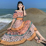2025 2025 autumn new  one-word shoulder chiffon dress women's bohemian vacation temperament off-the-shoulder dress