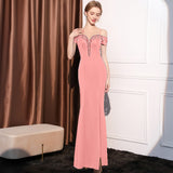 2025 Evening dress dress woman's one-word shoulder slim and thin banquet temperament simple celebrity banquet dinner long fishtail skirt