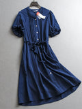 Solid color organ pleated V-neck  style bubble sleeve belt slim summer new short-sleeved women's dress X211