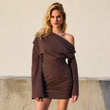 2025 H24DS263  New women's clothing new sexy mature solid color long-sleeved off-the-shoulder upper body loose short dress