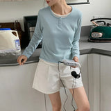Korean contrasting color fake two-piece milk waxy knitted sweater spring new women's clothing temperament gentle long-sleeved bottoming shirt top women