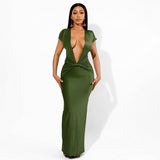 2025 K25DS011  New new women's clothing sexy deep V short-sleeved solid color Spice girl wind pleated long dress