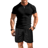KKBOXLY 2025 Men's summer suit, breathable, men's casual lapel solid color T-shirt versatile casual single-breasted short-sleeved men's
