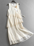 Solid color stacked three-dimensional flower beaded round neck sleeveless vest skirt Korean gentle wind women's long dress dress X975