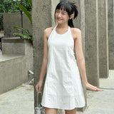 Ramie cotton neck dress women's summer new fresh and sweet backless short skirt solid color sleeveless suspender skirt