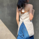 Design sense linen sling vest women's inner wear neck summer vacation backless strap sexy sleeveless top with split ends
