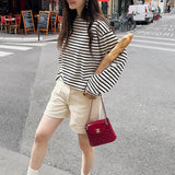 Japan and Korea casual autumn new cotton knitted striped top loose and thin versatile trend chic inner long sleeve women