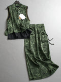 Retro jacquard stand-up collar buckle satin sleeveless vest new Chinese style a complete set of skirt women's suit Z751