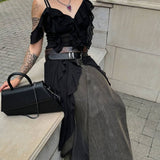 2025 2025n suspender super long irregular shirt high-end design sense niche splicing lace-up top lazy Popular trade
