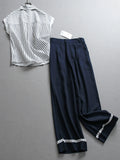 Striped lapel loose lace bat-shaped short-sleeved shirt can be matched with a complete set of wide-leg pants women's suit Z088