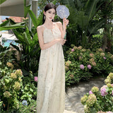 2025 New Chinese style tassel step suspender dress women's summer new pendant temperament bamboo pattern floral long skirt