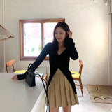 spring new design V-neck long-sleeved women, thin temperament hem split-ended versatile casual knitted top