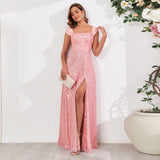 2025women's clothing sequined long dress pink sequins multi-wearing method suspender sleeveless high split sexy ball evening dress women