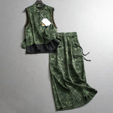 Retro jacquard stand-up collar buckle satin sleeveless vest new Chinese style a complete set of skirt women's suit Z751