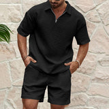 KKBOXLY popular summer New men's casual trend fashionable and comfortable waffle solid color lapel shirt sports suit