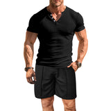KKBOXLY 2025 summer new men's sports elastic T-shirt n trend Henry shirt casual short-sleeved shorts suit men