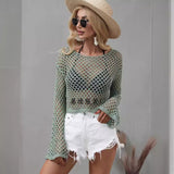 2025 New spring and summer, 's new  knitted sweaters, flared sleeves, loose Popular trade round neck hollow sweater women