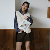 Contrasting letters embroidered vest women's autumn and winter new rhombus grid round neck inner cardigan versatile and thin sleeveless vest